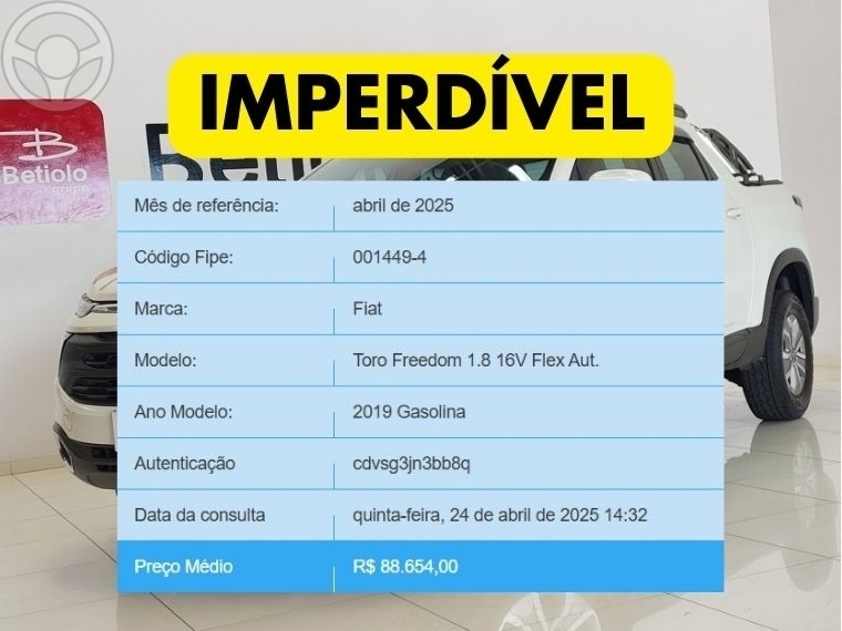 TORO 1.8 16V EVO FLEX FREEDOM AUTOMÁTICO - 2019 - LAJEADO